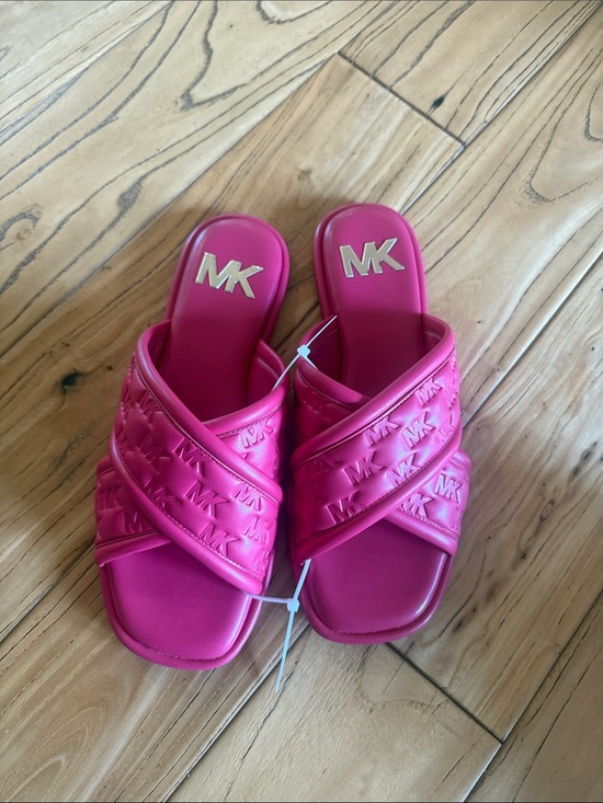 Michael Kors Shoes - Michael Kors Bright Pink Quilted MK Logo Slide Sandals